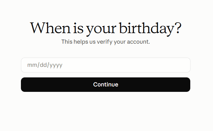 Экран When is your birthday с полем в формате mm/dd/yyyy