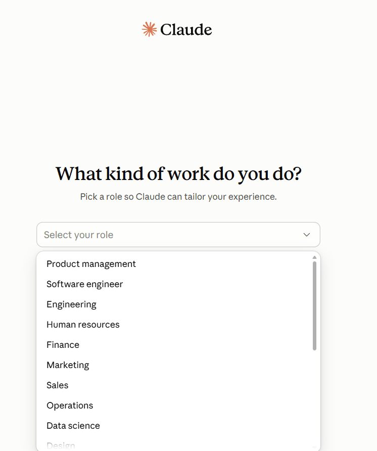 Экран What kind of work do you do с раскрытым списком ролей