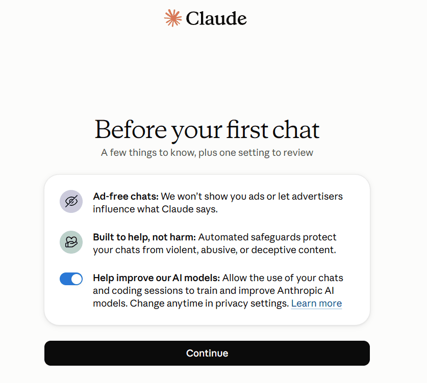 Экран Before your first chat с тремя пунктами и включённым переключателем Help improve our AI models