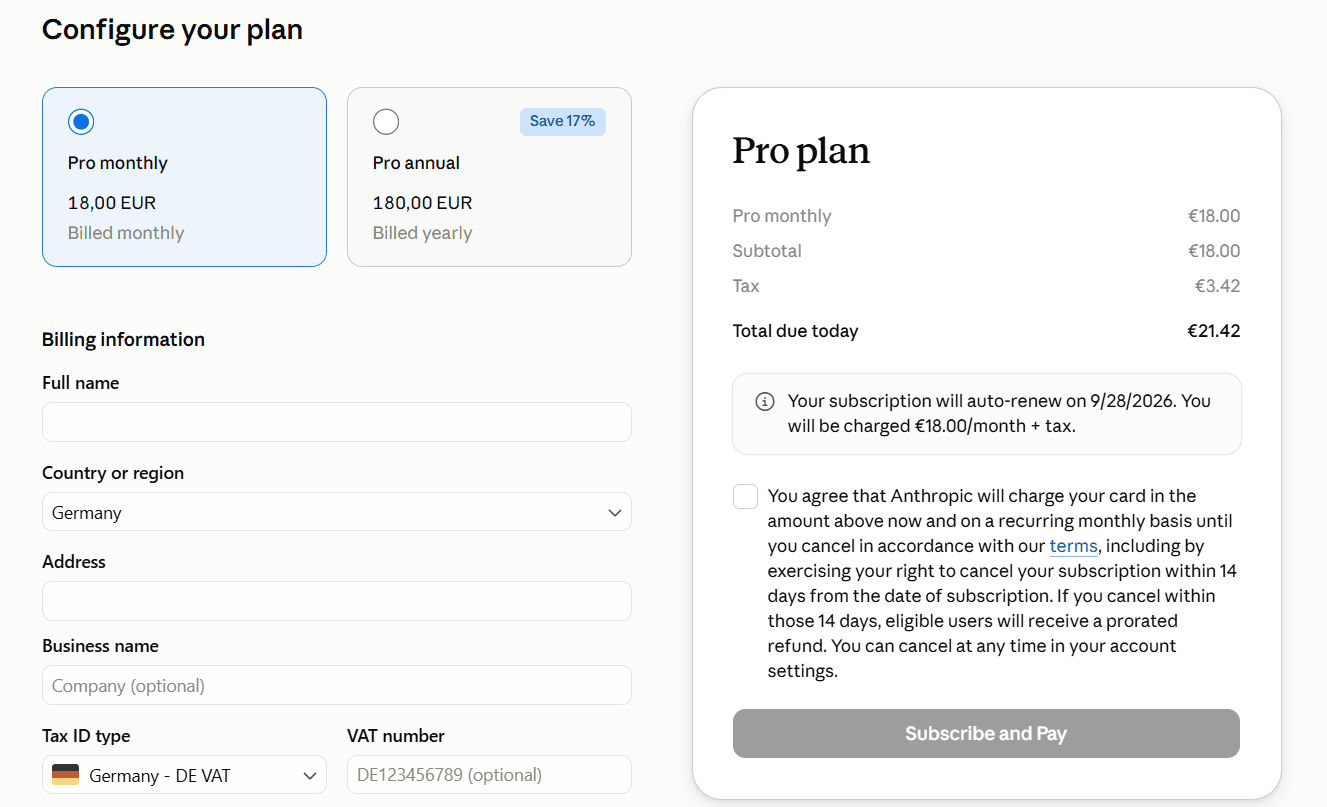 Экран Configure your plan: выбор Pro monthly или Pro annual, поля Billing information, справа итог с налогом и кнопка Subscribe and Pay