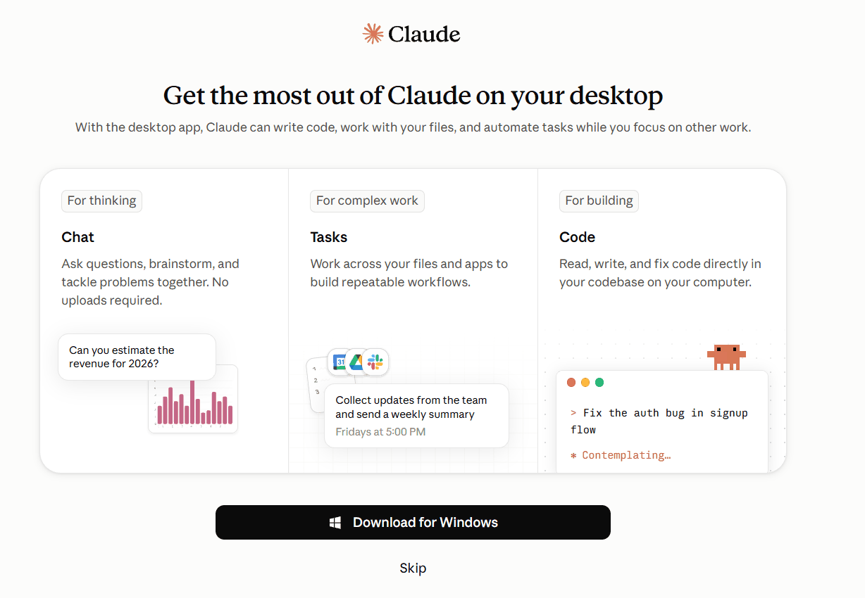 Экран Get the most out of Claude on your desktop с кнопкой Download for Windows