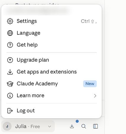 Меню профиля в левом нижнем углу: Settings, Language, Get help, Upgrade plan, Get apps and extensions, Claude Academy, Log out