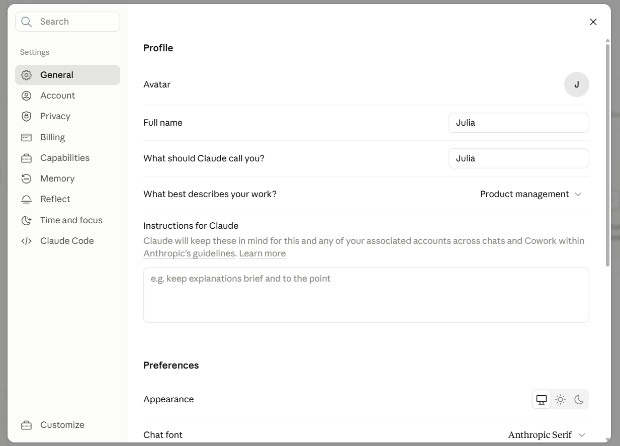 Settings → General: поля Full name, What should Claude call you, What best describes your work и большое поле Instructions for Claude