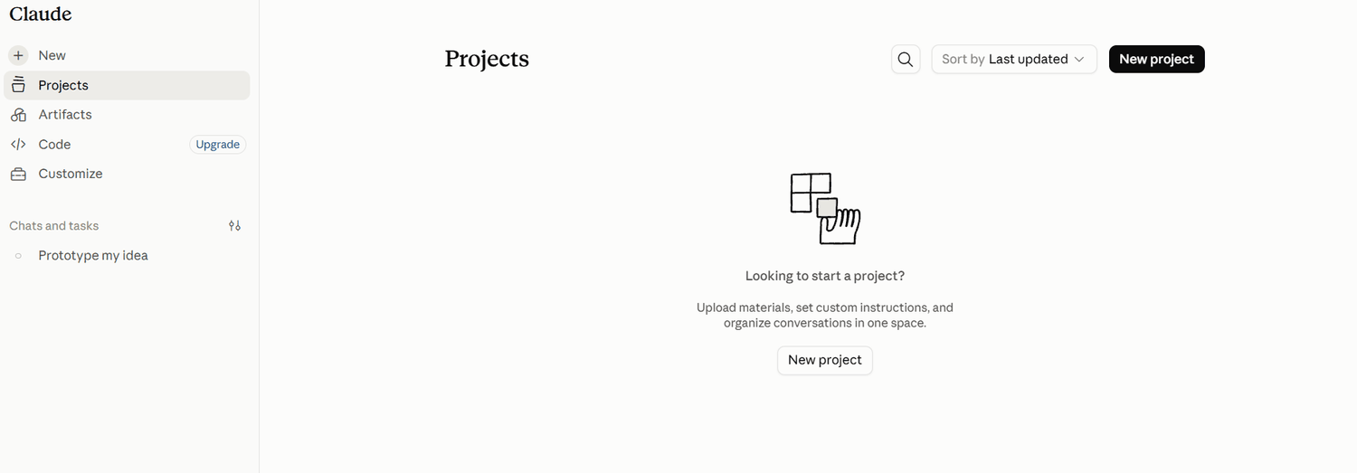 Раздел Projects с кнопкой New project и пустым состоянием