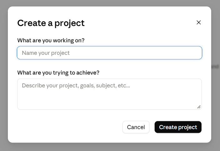 Окно Create a project с полями названия и описания