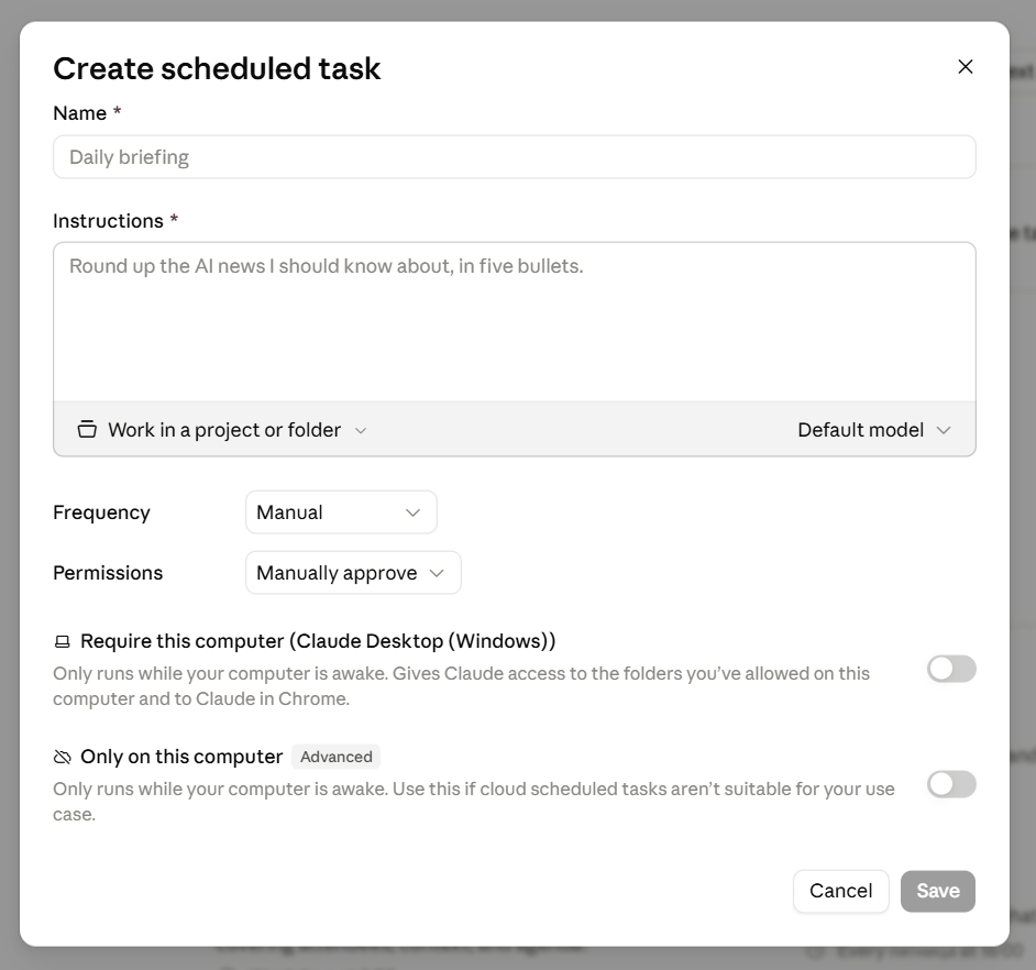 Окно Create scheduled task: поля Name и Instructions, выбор Work in a project or folder, Frequency, Permissions и два переключателя про компьютер